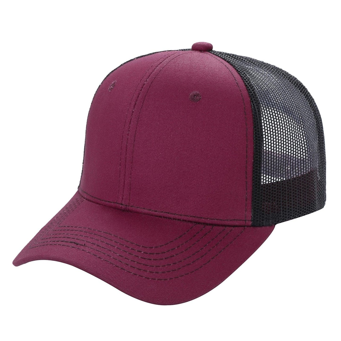 Burgundy and black mesh trucker cap with curved bill, wholesale hat front view