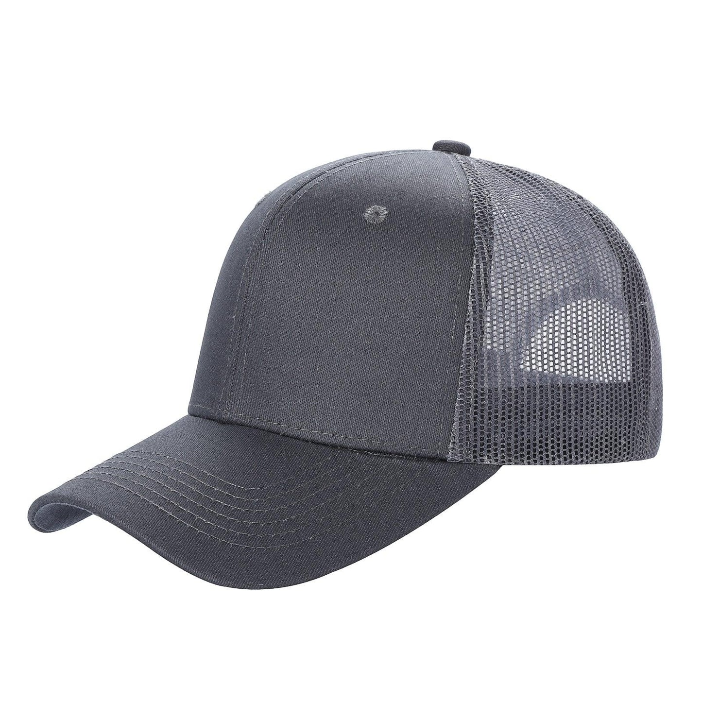 Charcoal gray trucker hat with mesh back and curved brim, plain front panel