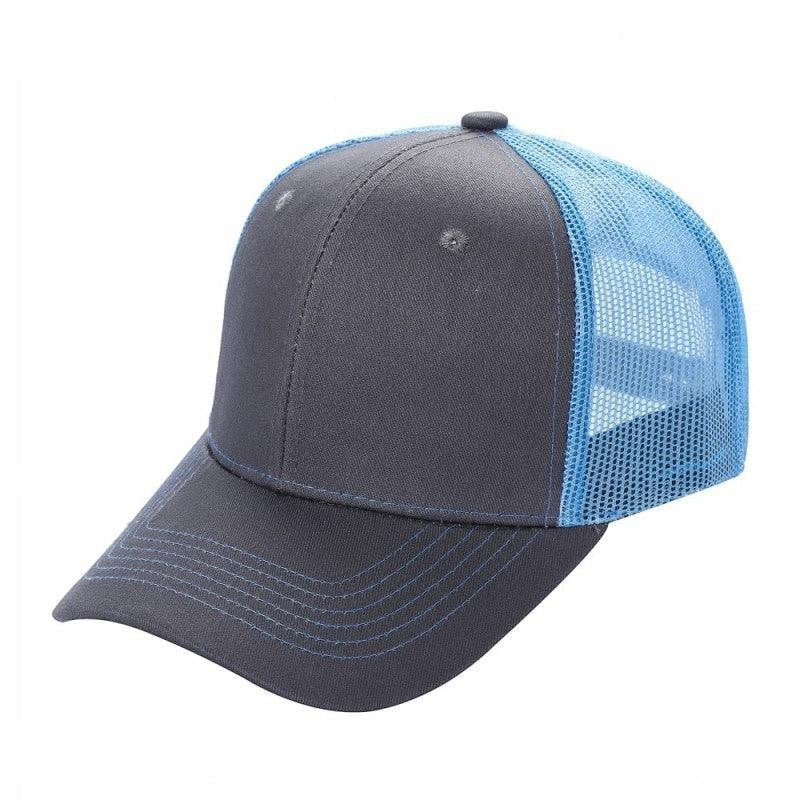 Dark grey and light blue mesh trucker hat with curved bill on white background