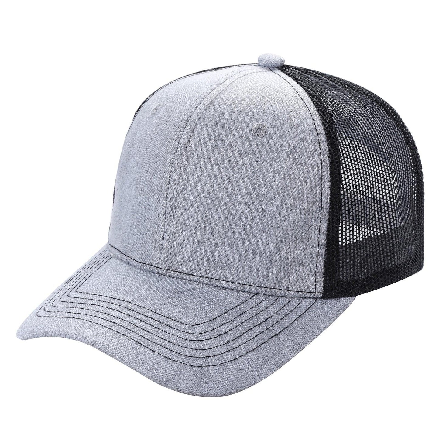Grey and black mesh trucker hat with curved brim, wholesale baseball cap