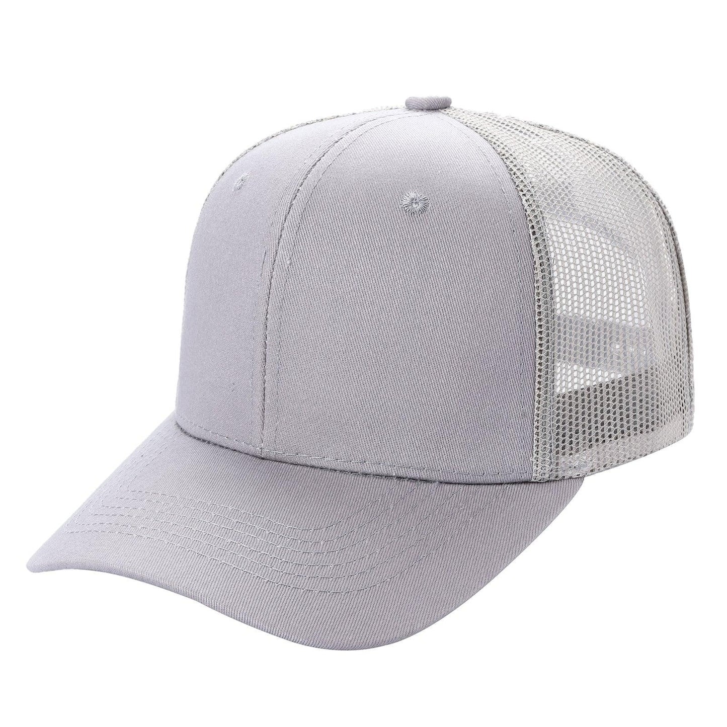 Light grey trucker hat with mesh back and curved brim, wholesale baseball cap style