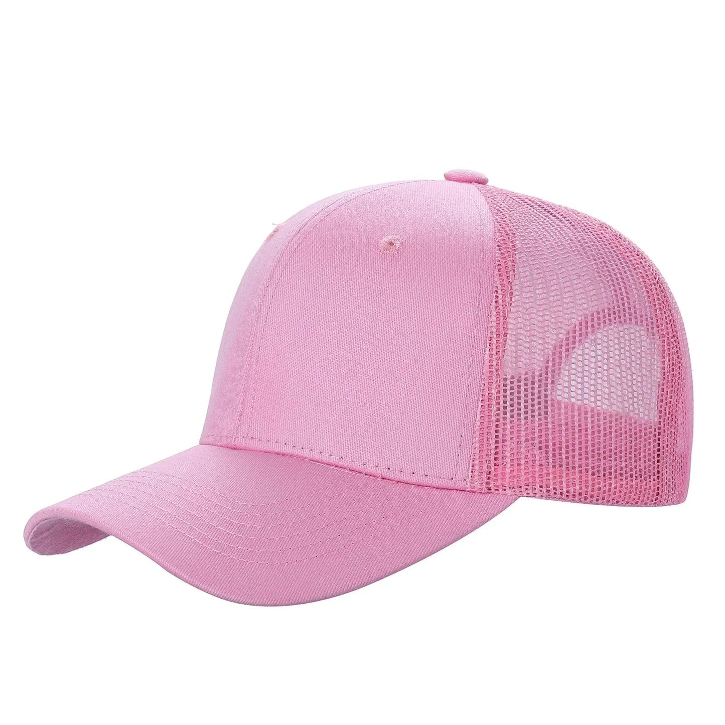 pink trucker hat with mesh back and curved brim on white background