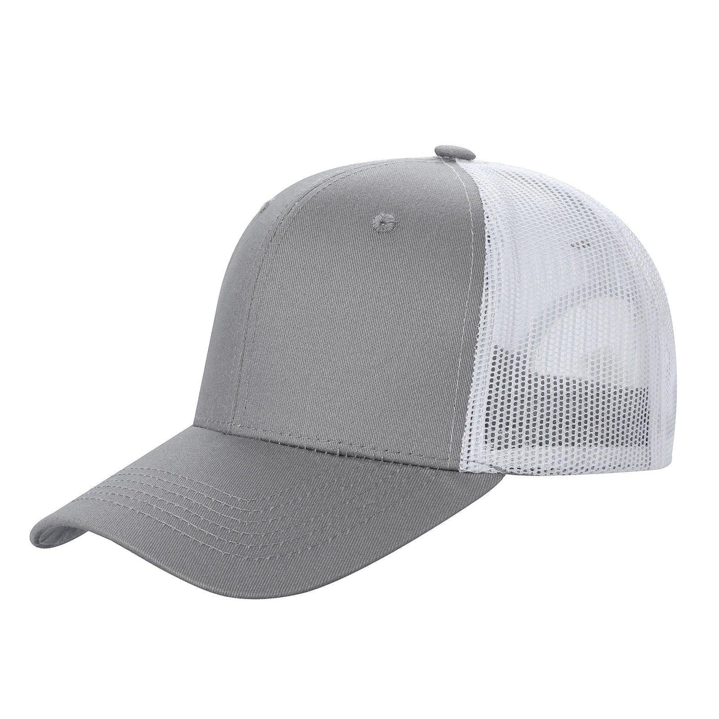 Gray 6-panel curve trucker hat with white mesh back, blank adjustable cap