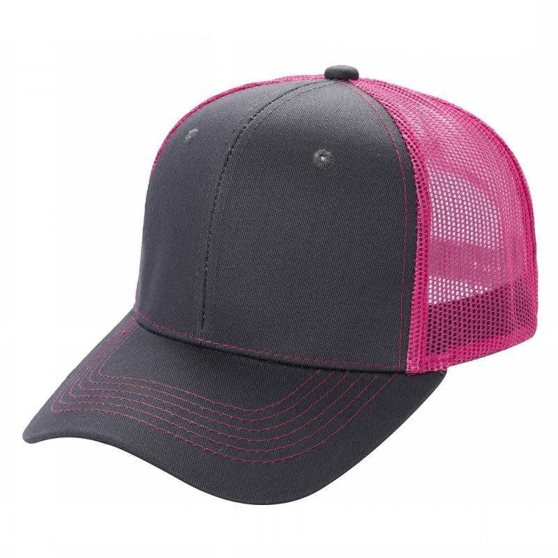 Two-tone trucker hat with dark gray front panels and curved visor, pink mesh back.