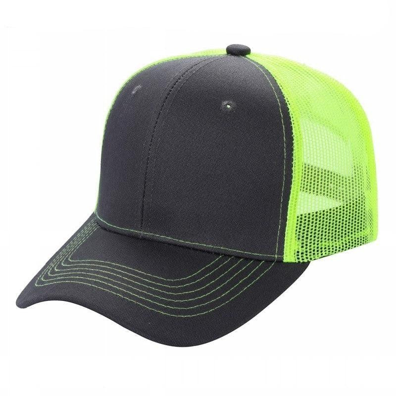 Two-tone trucker mesh hat with black front panels and neon yellow mesh back