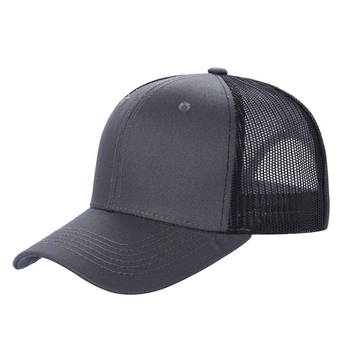 Two-tone black mesh trucker hat with curved brim and solid front panel, side view