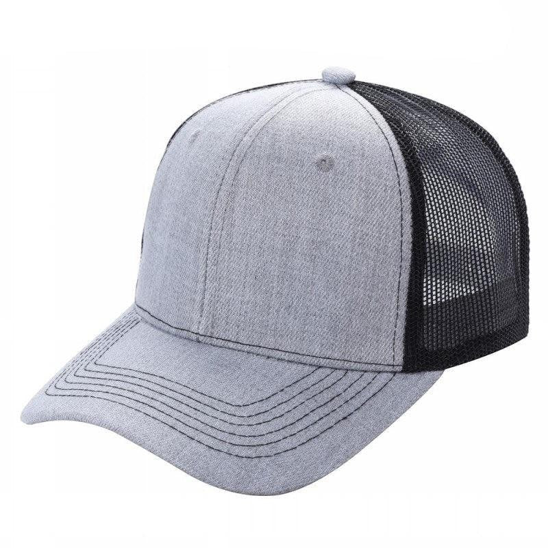 Two-tone 6 panel curved brim trucker cap with grey front and black mesh back