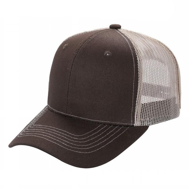 Brown and beige two-tone mesh trucker hat with curved brim and six panel construction