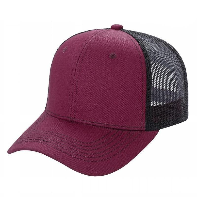 Two-tone trucker hat with maroon front panels and curved bill, black mesh back.