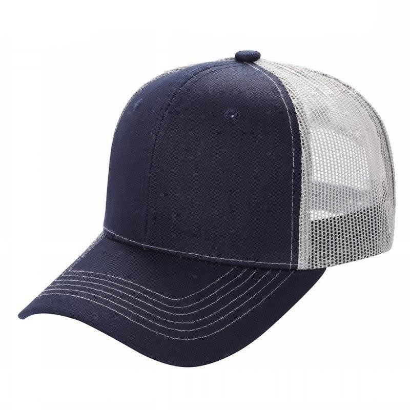 Navy blue and white mesh trucker hat with curved brim and six-panel design
