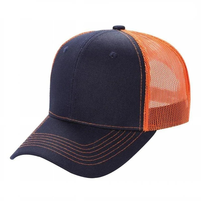 Two-tone navy and orange 6-panel curved trucker cap with mesh back and contrast stitching.
