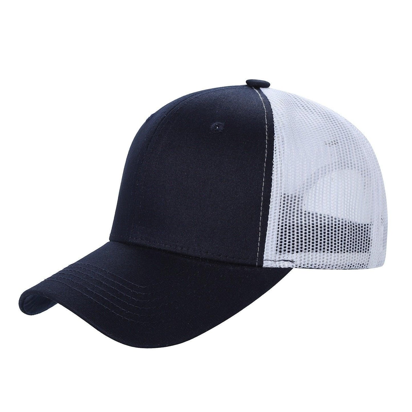 Black and white two-tone trucker hat with mesh back and curved brim on white background