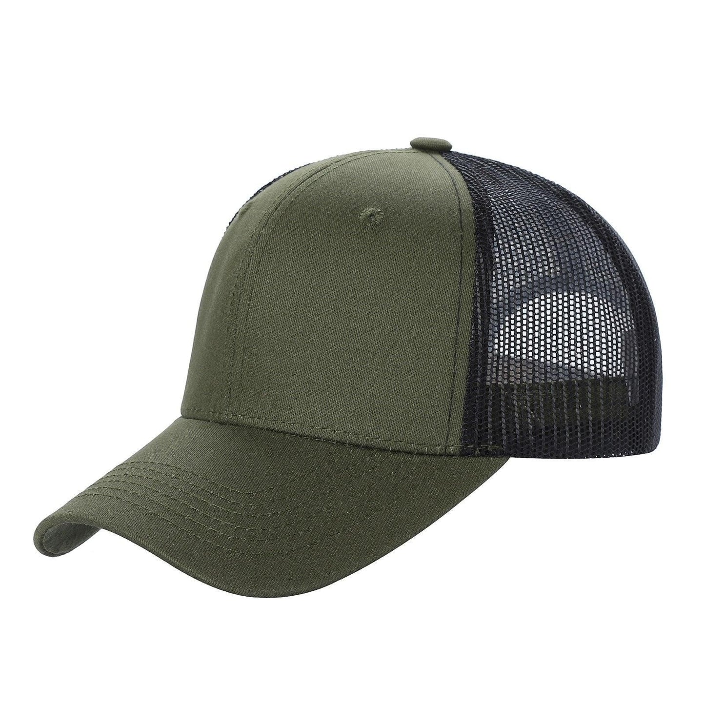 Olive green 6-panel curve brim trucker mesh hat with black mesh back