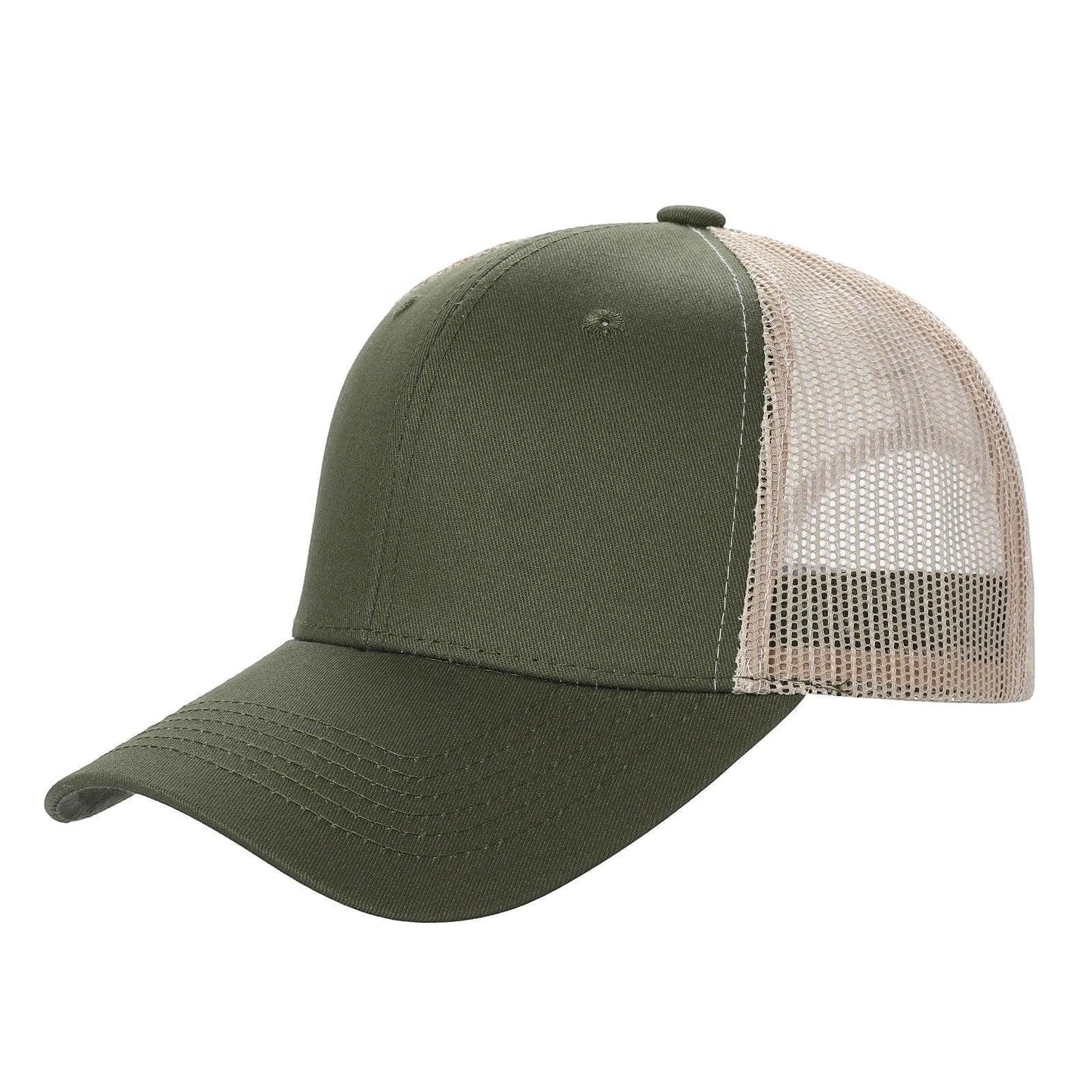 Olive green and beige two-tone trucker hat with mesh back and curved bill