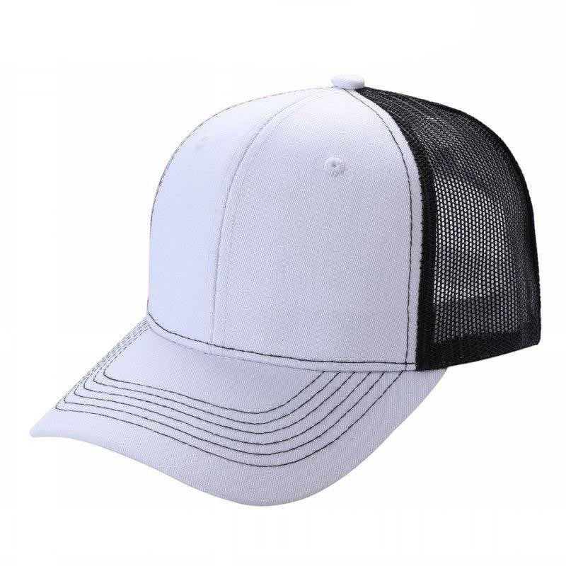 White and black 6-panel curved bill trucker mesh hat with contrast stitching
