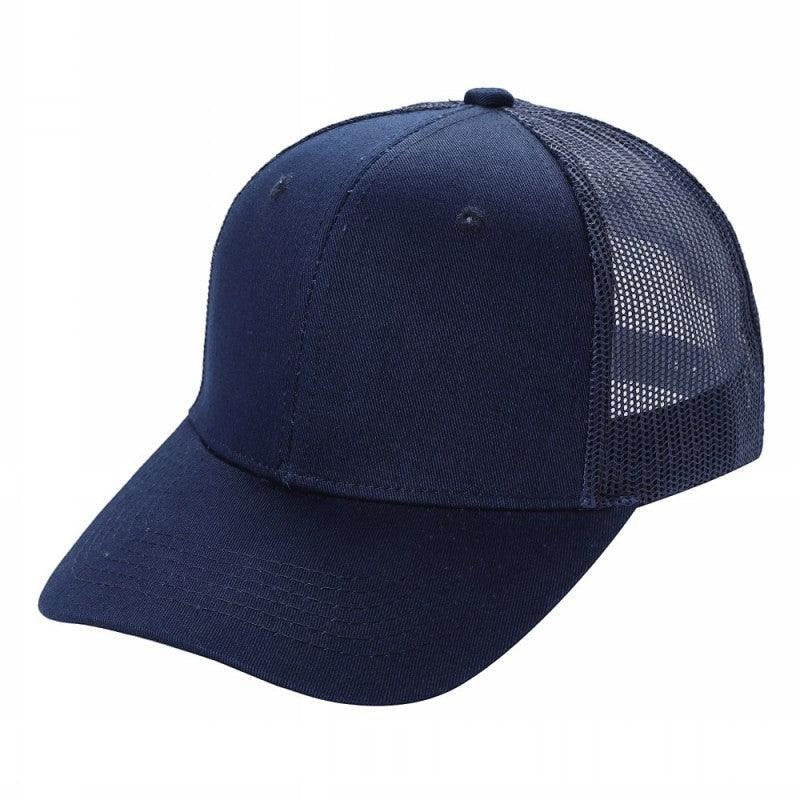 Navy blue six-panel curved bill trucker hat with mesh back on white background