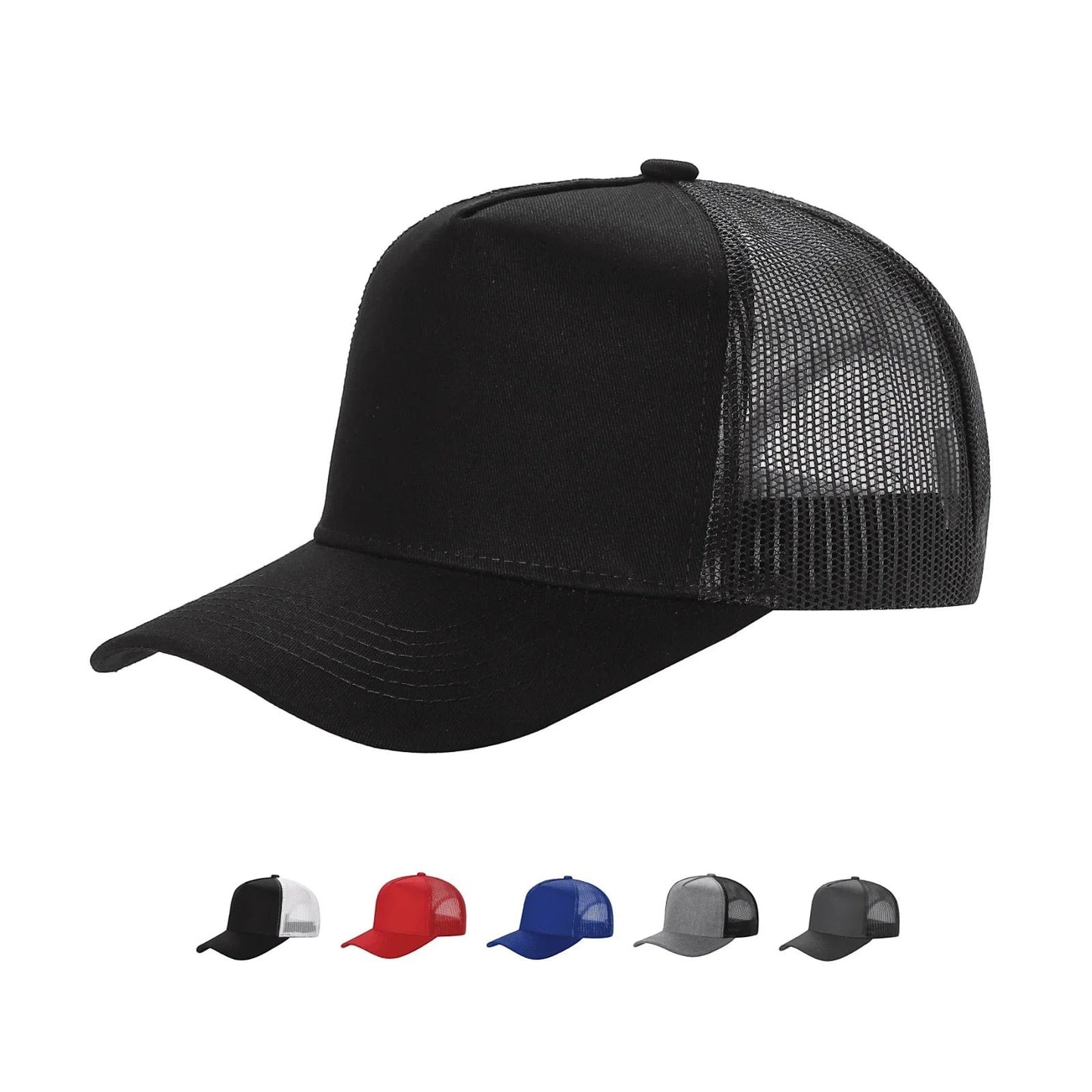 Waycap 5-panel trucker hat with black cotton front and mesh back, curved brim, and snapback closure. Available in multiple colors.