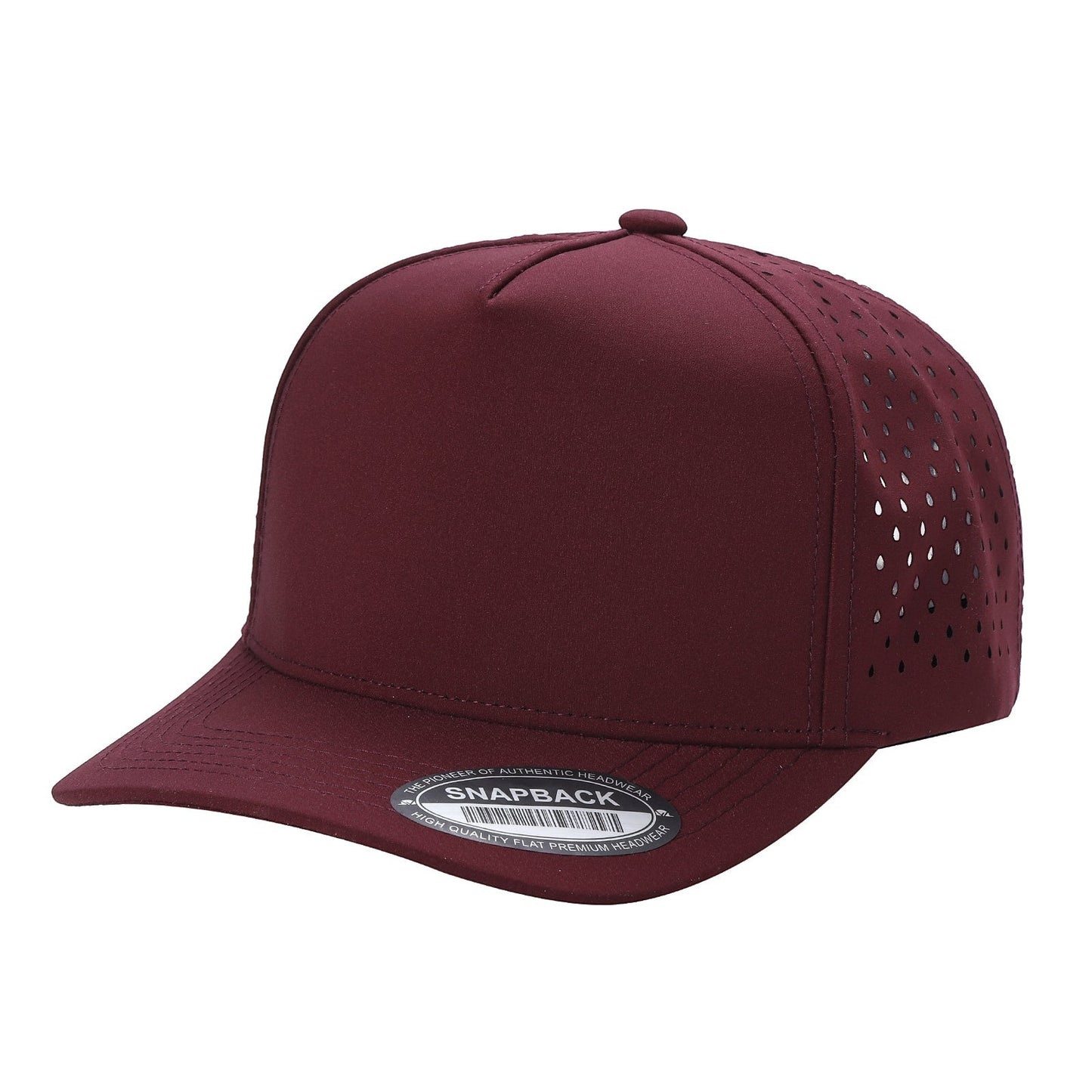 Waycap 5LASER maroon 5 panel waterproof baseball hat with perforated side panels and flat brim.