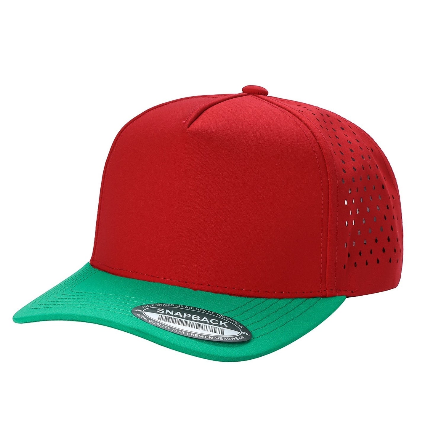Waycap 5LASER 5 Panel Waterproof Hat in red and green with perforated side panels and flat brim.