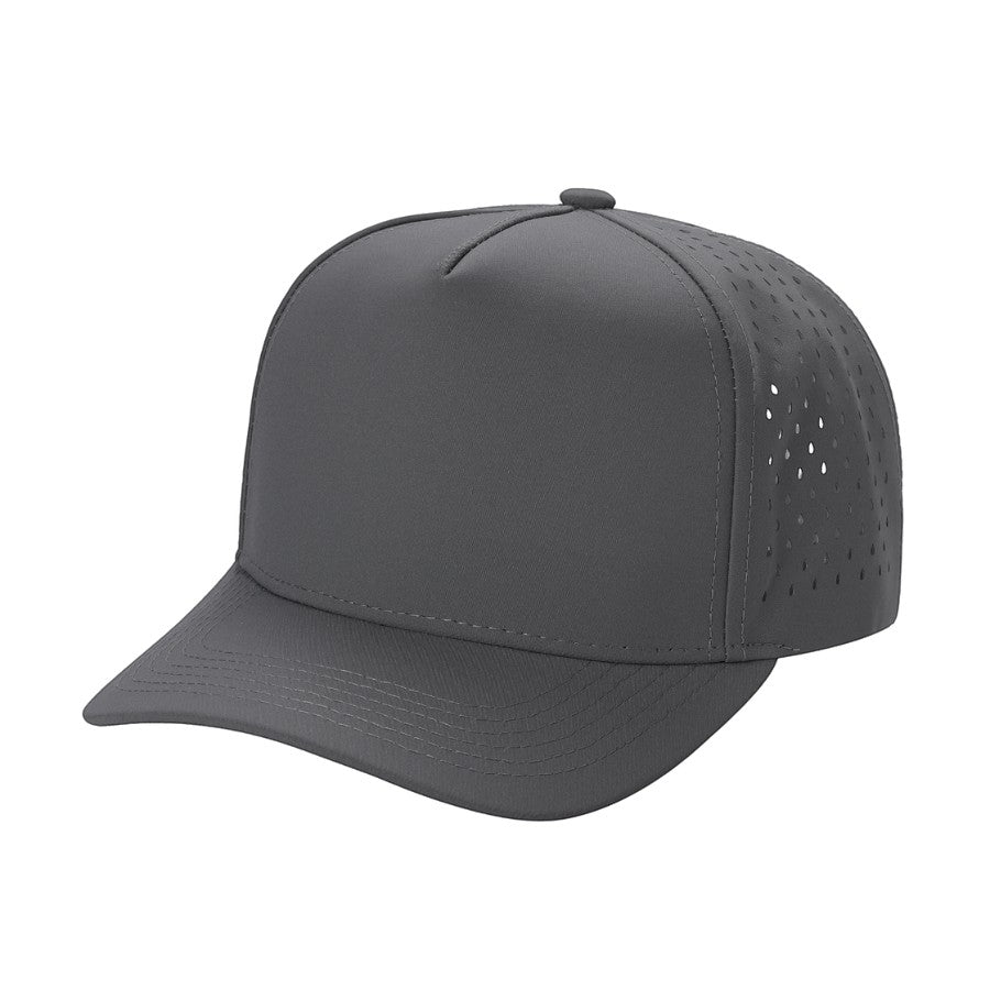 Waycap 5LASER 5 Panel Waterproof Hat in dark grey with perforated side panels and flat brim.