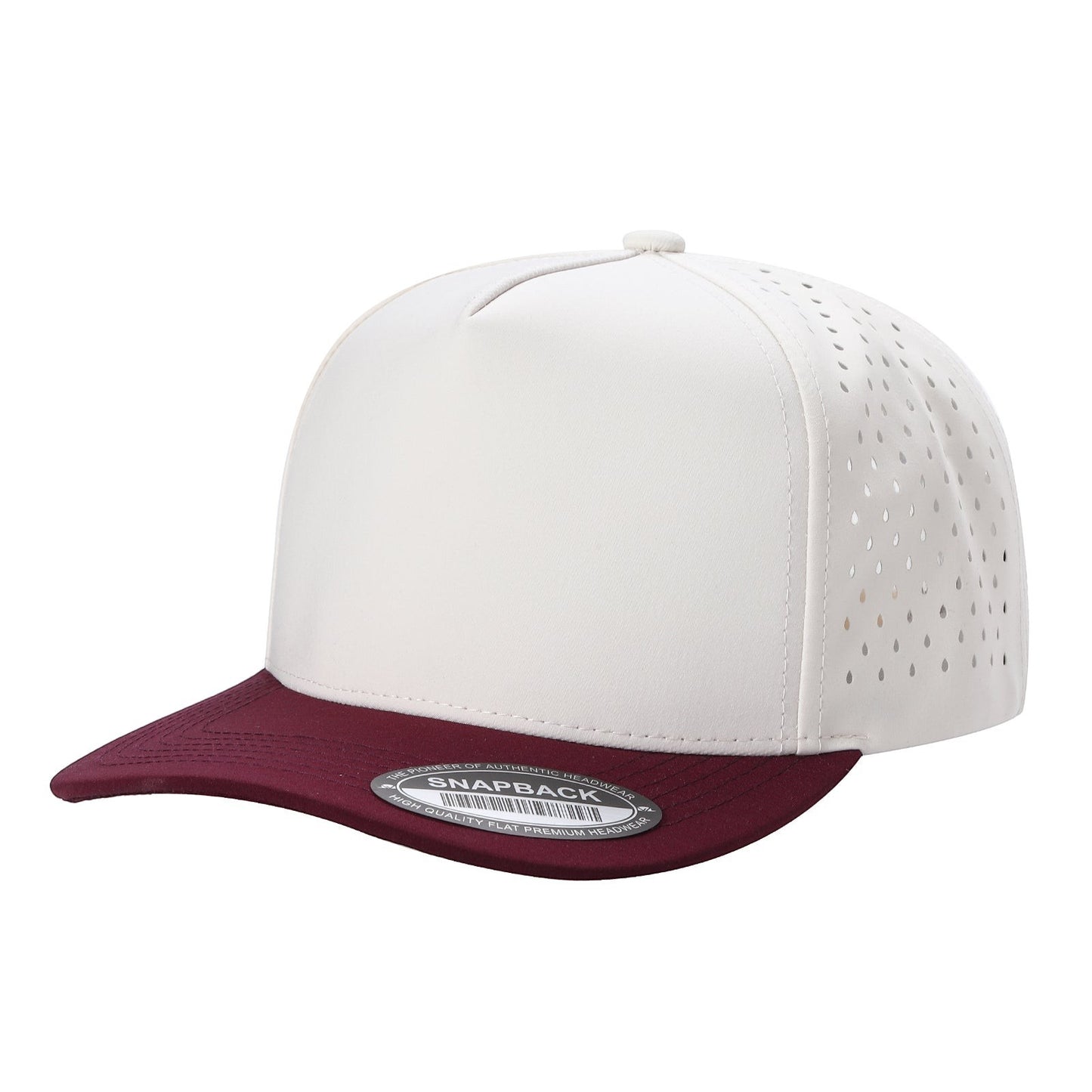 Waycap 5LASER 5 Panel Waterproof Hat in off-white with a maroon flat brim and perforated side panels.