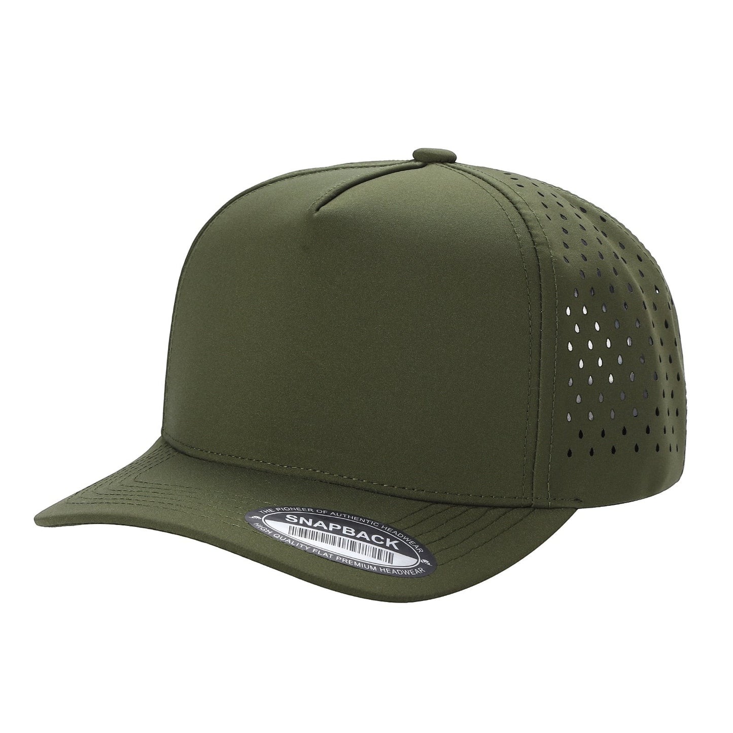 Waycap 5LASER olive green 5-panel waterproof baseball hat with perforated side panels and flat brim.
