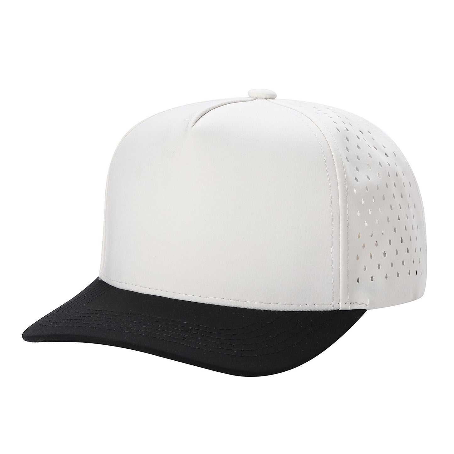 Waycap 5LASER 5 Panel Waterproof Hat in white with black brim and perforated side panels for breathability.