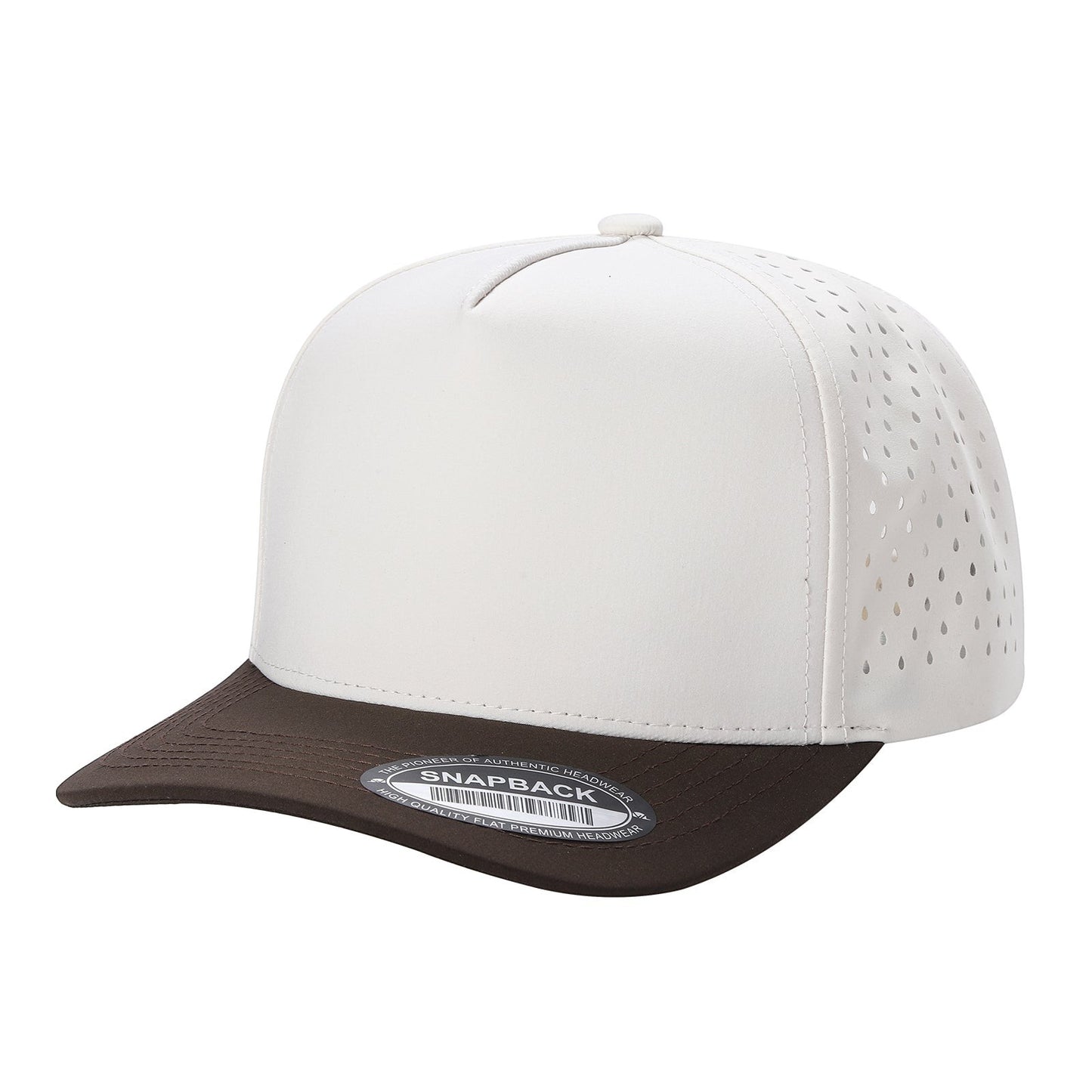 Waycap 5LASER 5 Panel Waterproof Hat in white with a dark brown flat brim and perforated side panels.