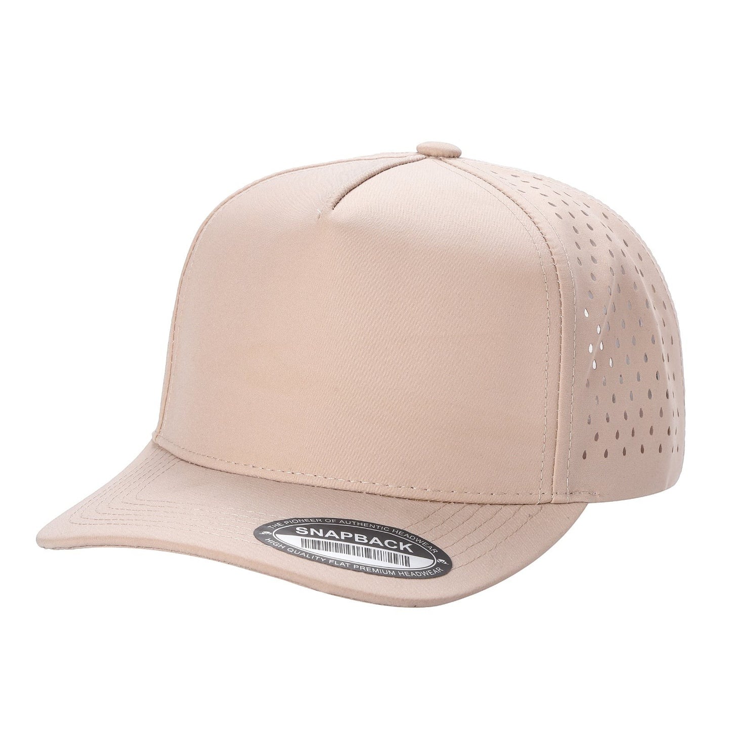 Waycap 5LASER 5 Panel Waterproof Hat in beige, featuring perforated side panels and a flat brim for sun protection. Ideal for outdoor activities.