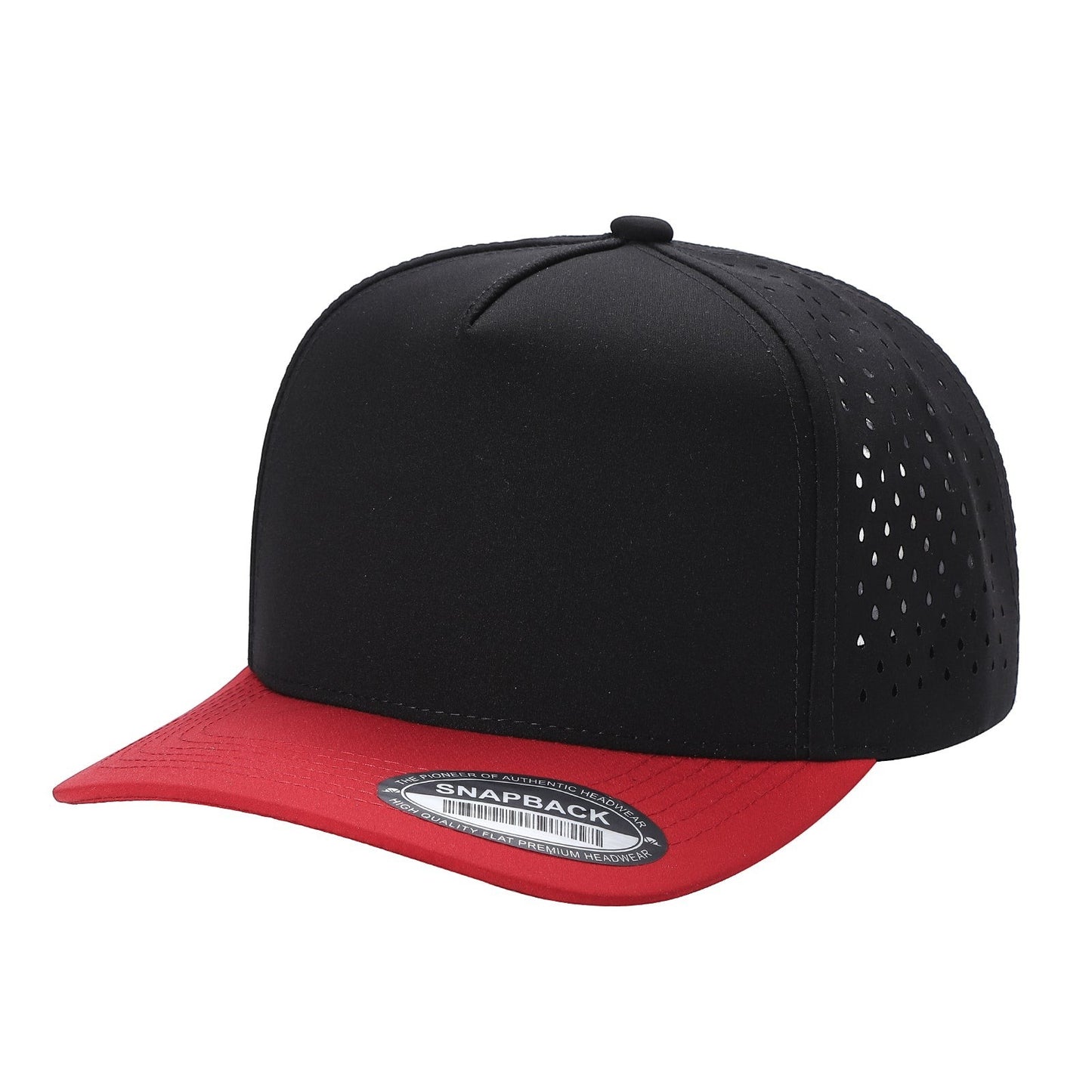 Waycap 5LASER black and red 5-panel waterproof hat with flat brim and perforated side panels.