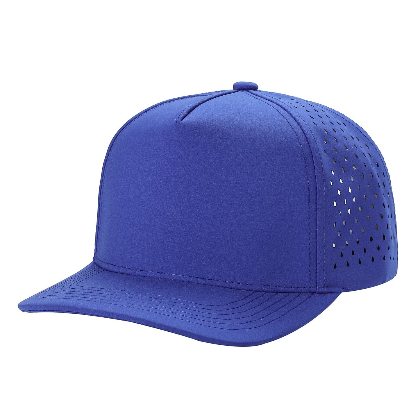 Waycap 5LASER blue 5-panel waterproof baseball hat with perforated side panels and flat brim.