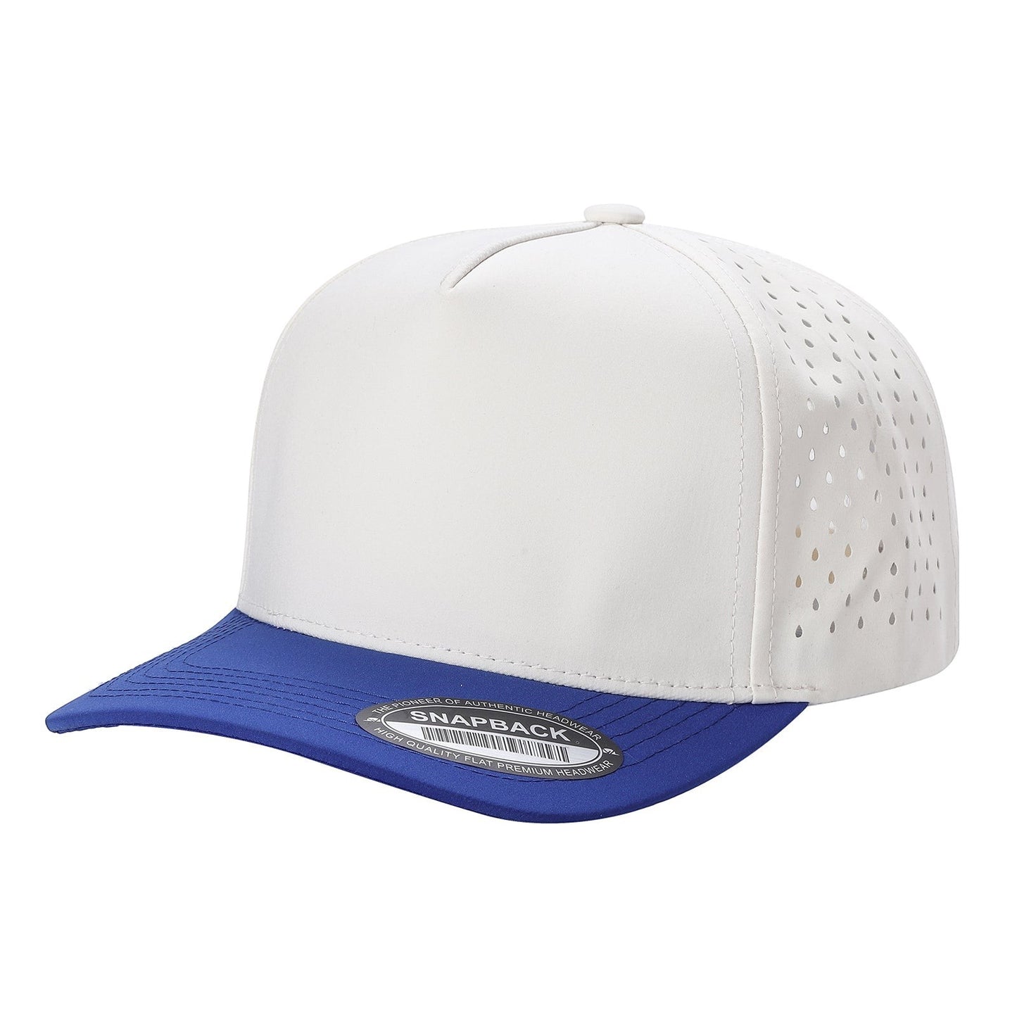 Waycap 5LASER white 5-panel waterproof hat with blue brim and perforated side panels