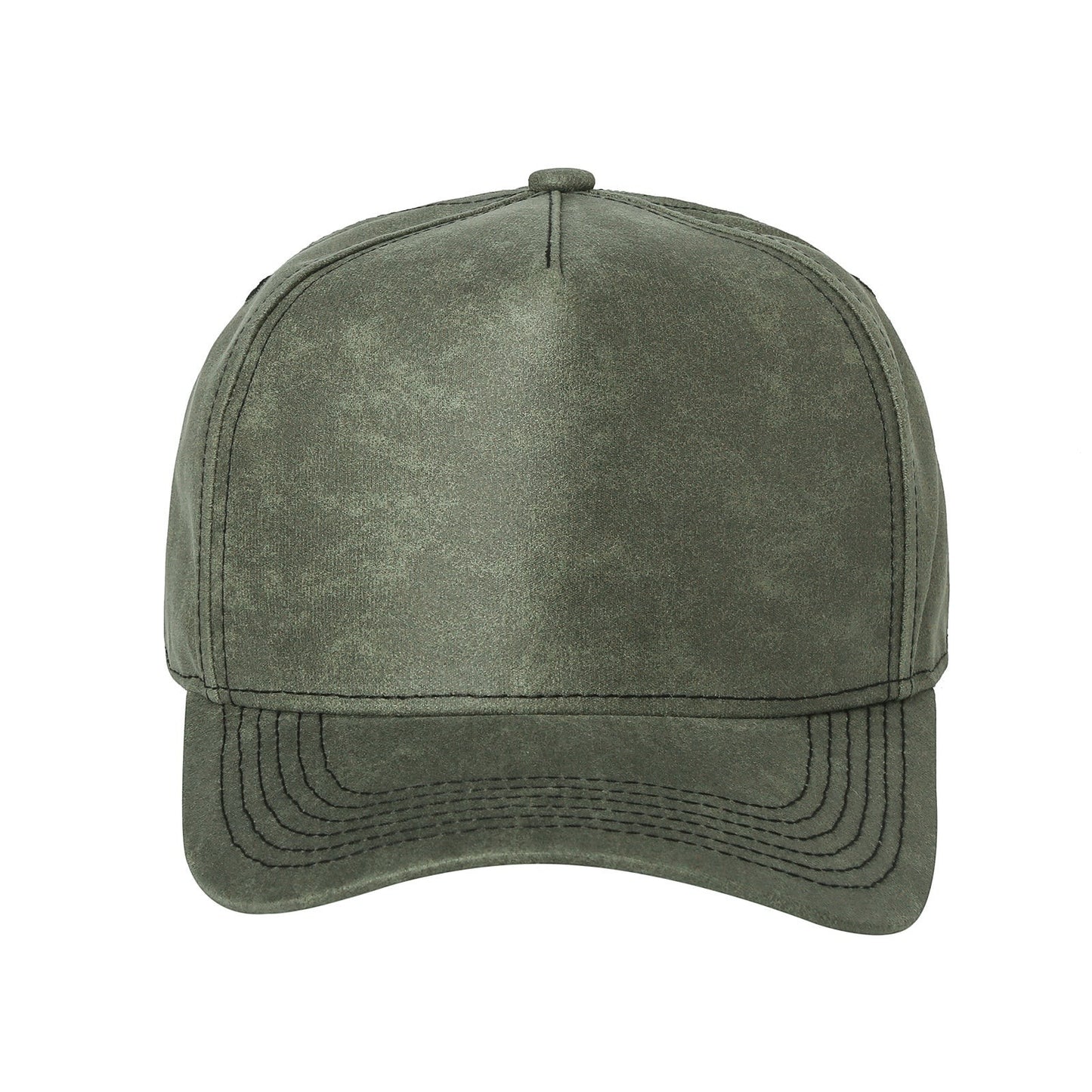Waycap 5RS olive green distressed leather 5-panel baseball cap with pre-curved bill and adjustable snapback.