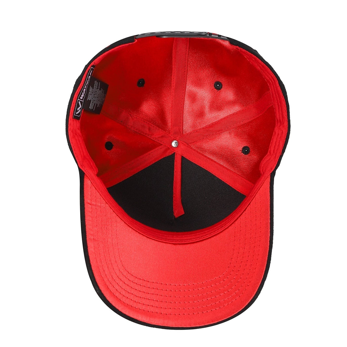 Waycap 5SSTG black suede 5 panel cap with red satin lining and cross pattern gilding detail.