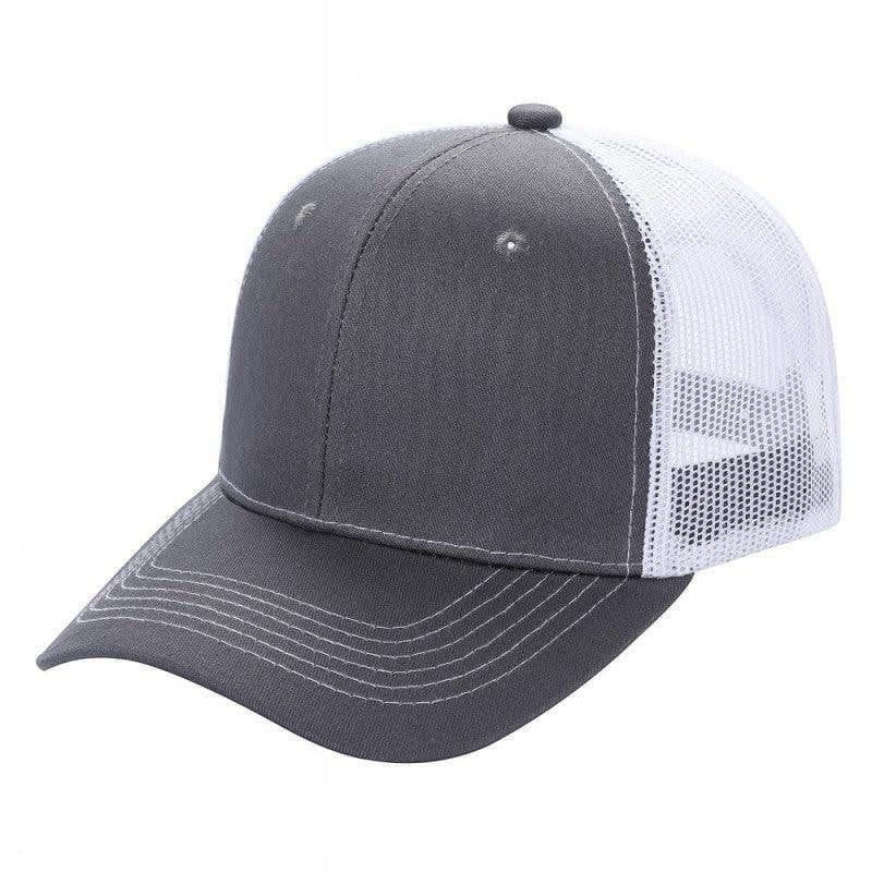Waycap 6 Panel Curve Trucker Mesh Hat in charcoal grey with white mesh back panels and a curved brim.