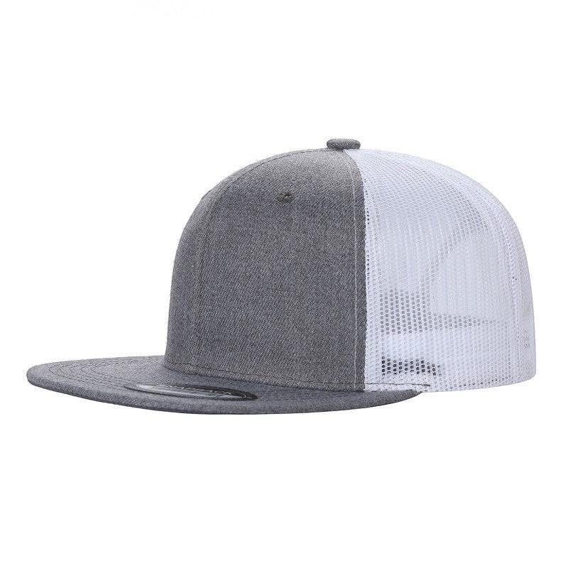Waycap 6 Panel Flat Bill Mesh hat in grey cotton with white mesh back and flat brim.