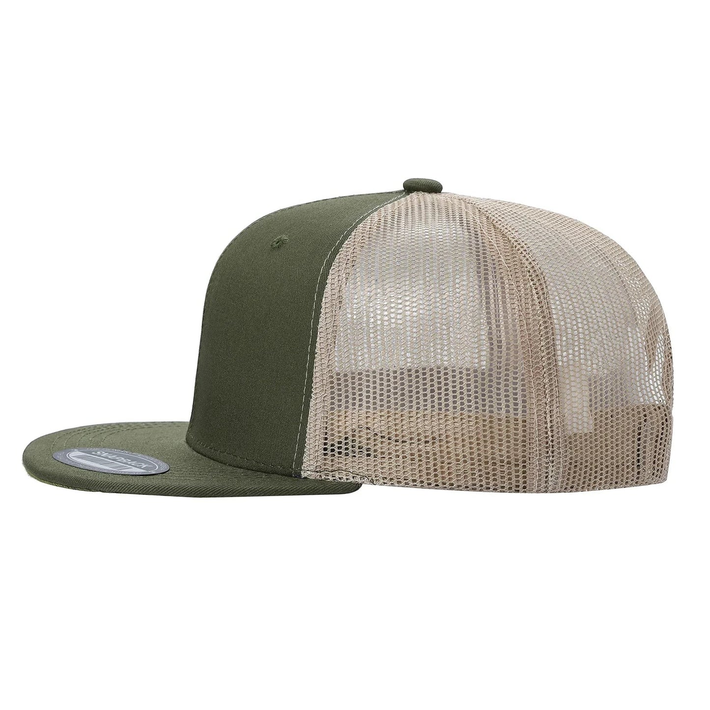Waycap 6 Panel Flat Bill Mesh hat in olive green with tan mesh back and flat brim.
