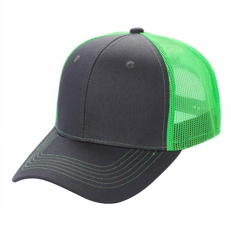 Waycap 6 Panel Curve Trucker Mesh Hat in charcoal grey with neon green mesh back and contrast stitching.