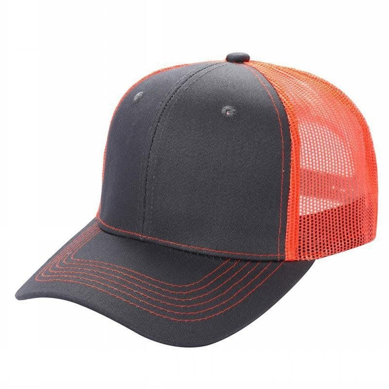 Waycap 6 Panel Curve Trucker Mesh Hat in charcoal grey with bright orange mesh back and contrast stitching.