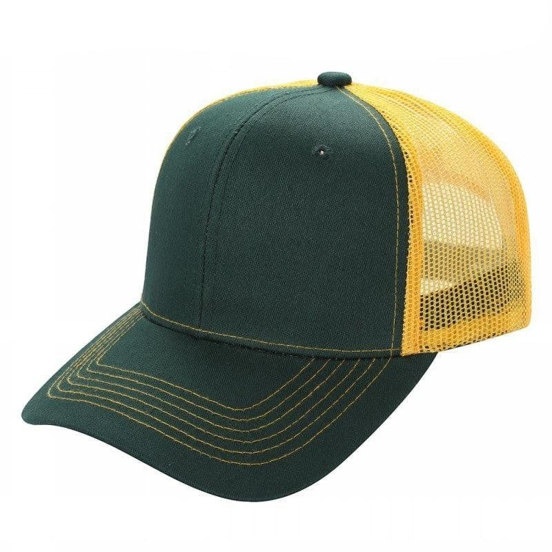 Waycap 6 Panel Curve Trucker Mesh Hat in dark green with yellow mesh back and curved brim.