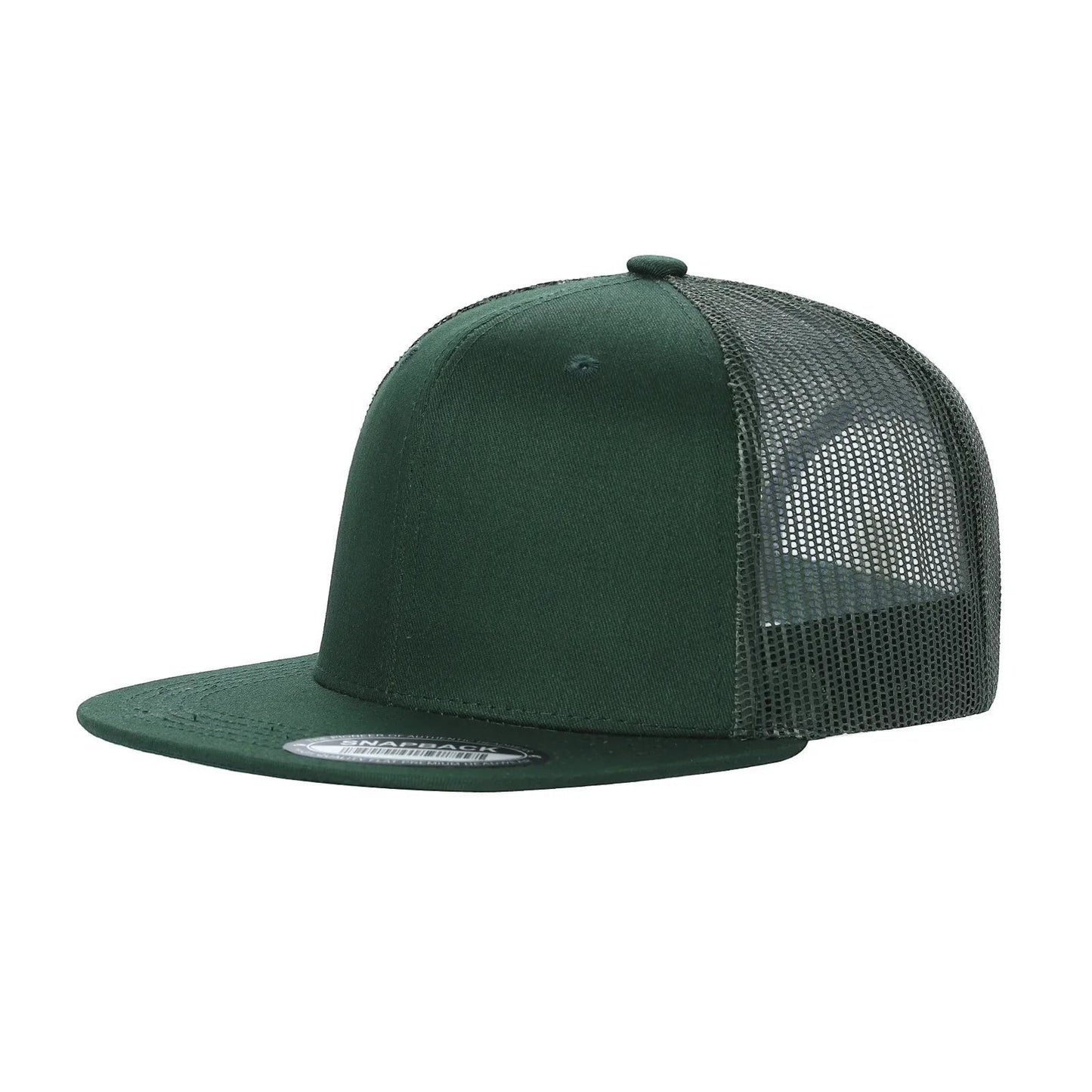 Waycap 6FTM dark green 6-panel flat bill trucker hat with mesh back, 50% cotton, 50% polyester.