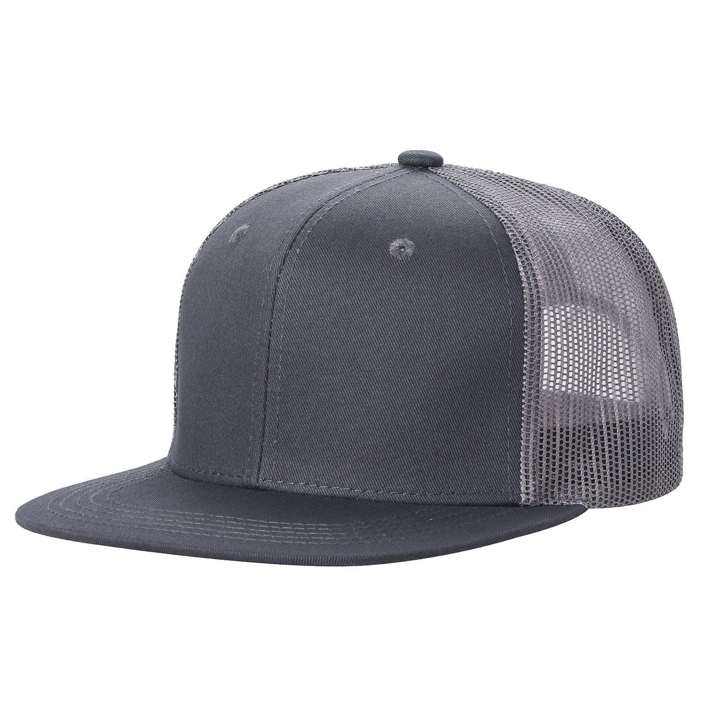 Waycap 6FTM dark grey 6-panel flat bill trucker hat with mesh back, made of cotton and polyester.