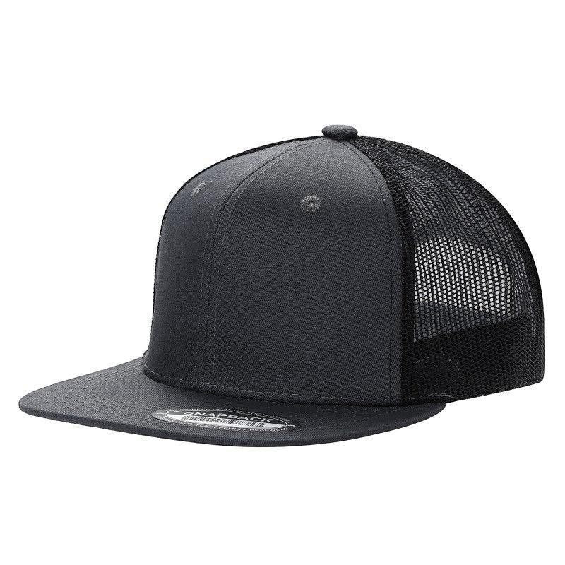 Waycap 6FTM dark grey 6-panel flat bill trucker hat with black mesh back and snapback closure.