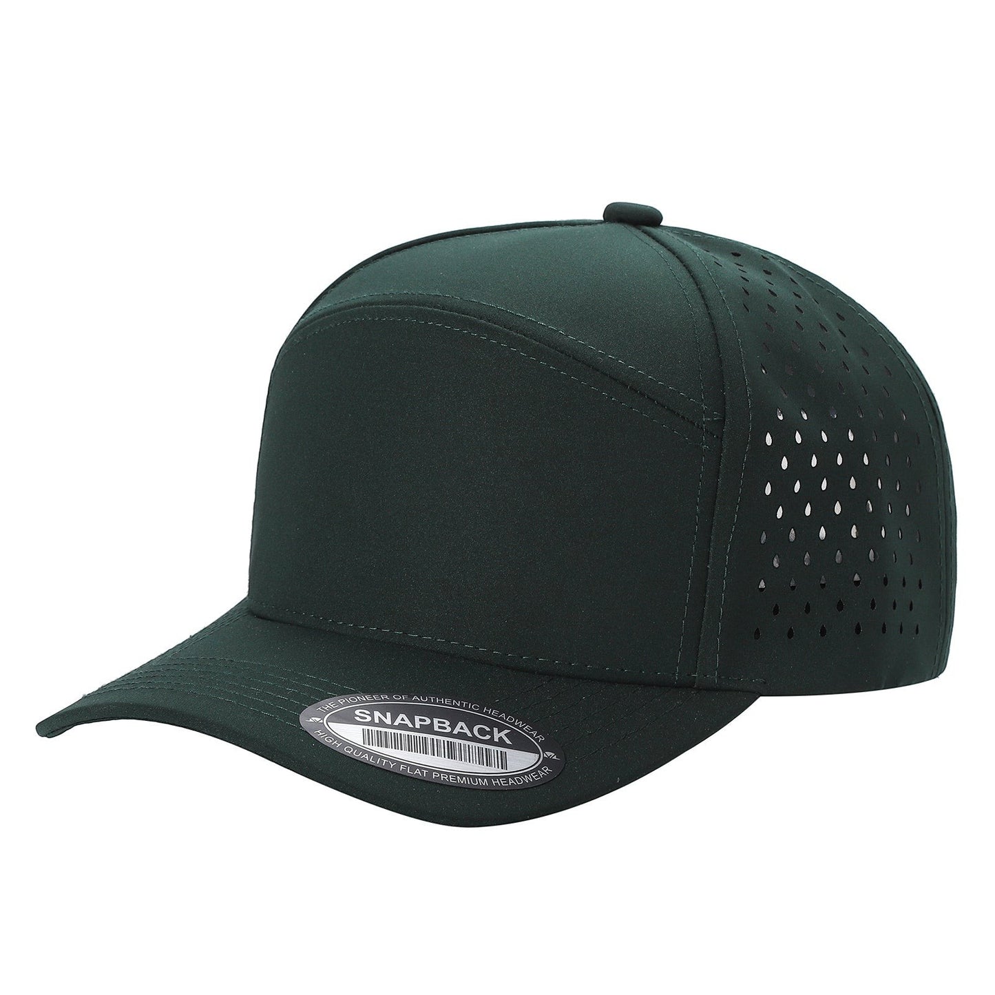 Waycap 6WP dark green six-panel snapback hat with laser-cut perforations on sides and back for breathability.
