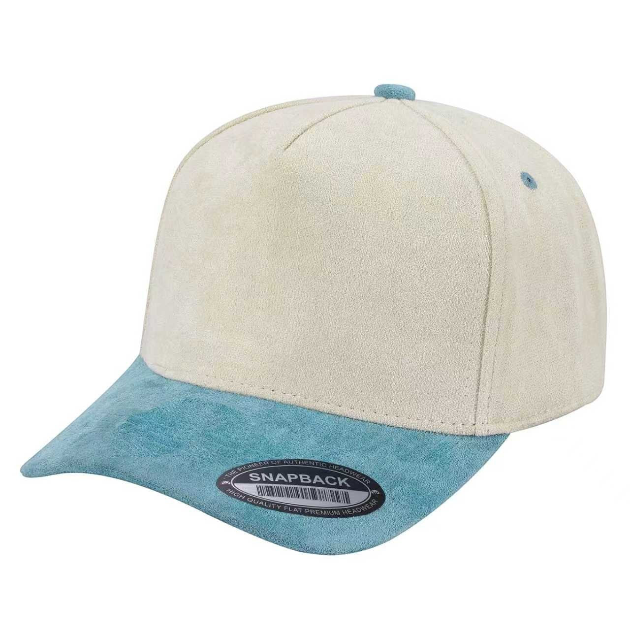 Waycap 5SUEDE premium beige suede snapback hat with a light blue suede brim and button.