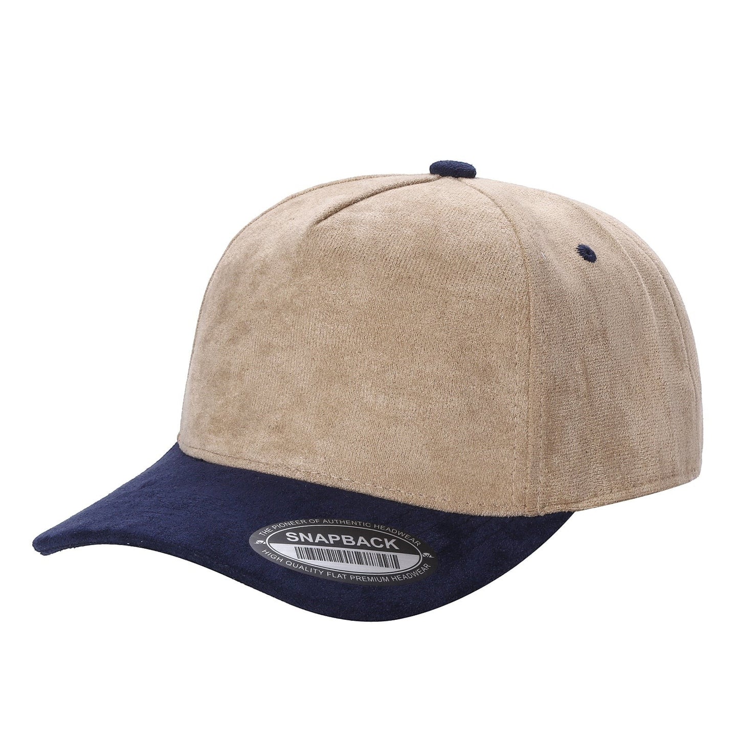 Waycap 5SUEDE beige suede snapback hat with navy blue brim and button. Classic adjustable fit.