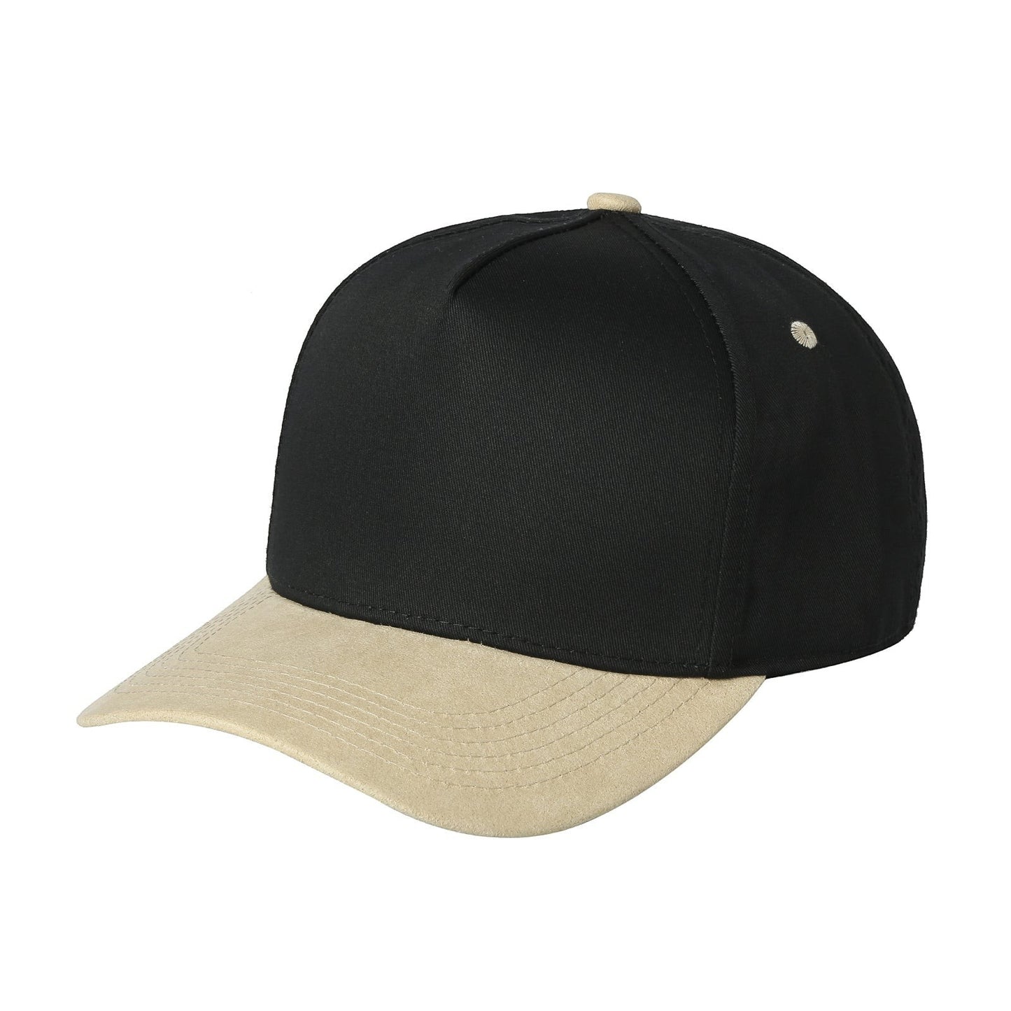 Waycap Bill TC baseball cap with black crown and tan suede bill, 5-panel construction, adjustable snapback.