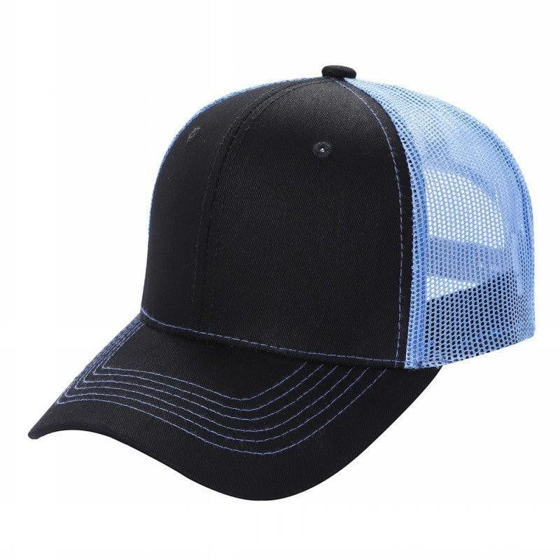 Waycap 6 Panel Curve Trucker Mesh Hat in black with light blue mesh back and contrast stitching on brim.