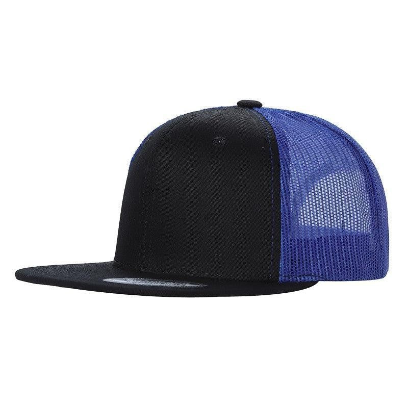 Waycap 6 Panel Flat Bill Mesh hat with black front and blue mesh back, 50% cotton, 50% polyester