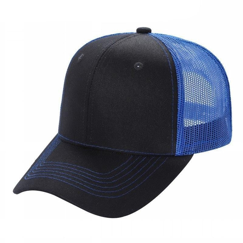 Waycap 6 Panel Curve Trucker Mesh Hat in black with blue mesh back and blue stitching on the brim.